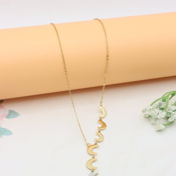 Gold Plated Moon Phase Necklace with Elegant Crescent Charms, XPNL0384 - Picture 8 of 13